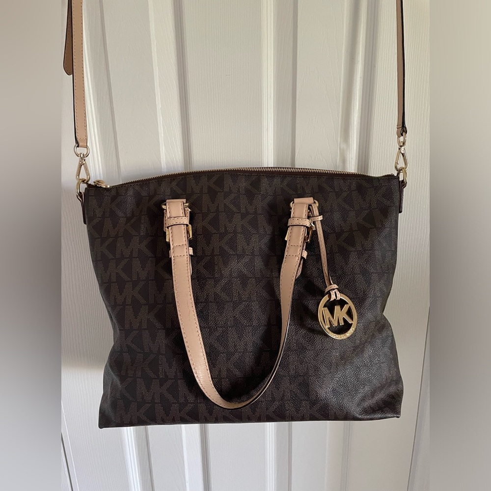 Michael Kors Brown Monogram Shoulder Bag with Tan Straps and Gold Charm